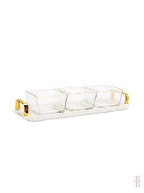 NEW Classic Touch 3 Bowl Serving Dish White Tray and Glass Bowls - 13.5"L